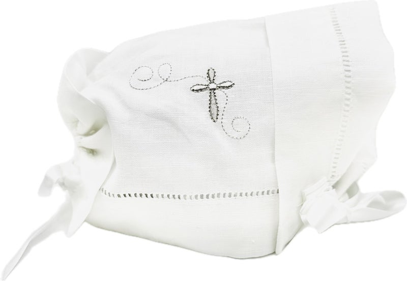 Integrity Designs Baby Linen Keepsake Cross Embroidered Handkerchief Christening/Baptism Bonnet and Gift Card with Envelope - Image 1